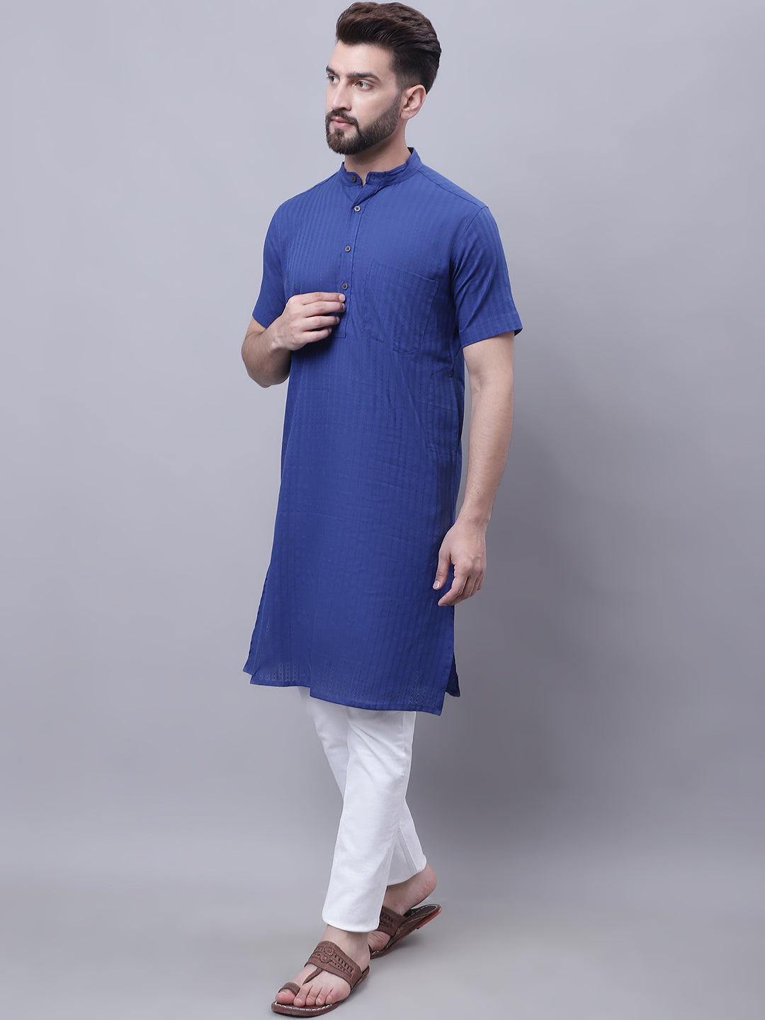Even Apparels Blue Pure Cotton Short Sleeves Kurta With Band Collar - Distacart