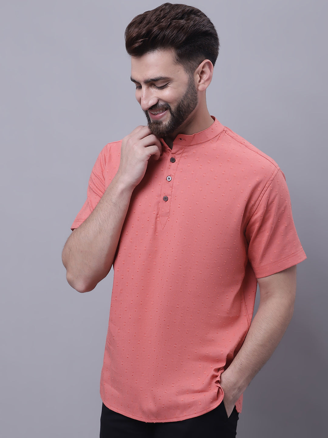 Even Apparels Peach Pure Cotton Short Sleeves Kurta With Band Collar - Distacart