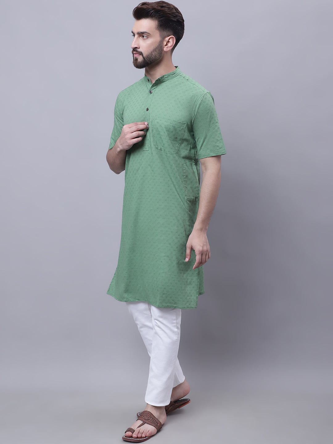 Even Apparels Green Pure Cotton Short Sleeves Kurta With Band Collar - Distacart