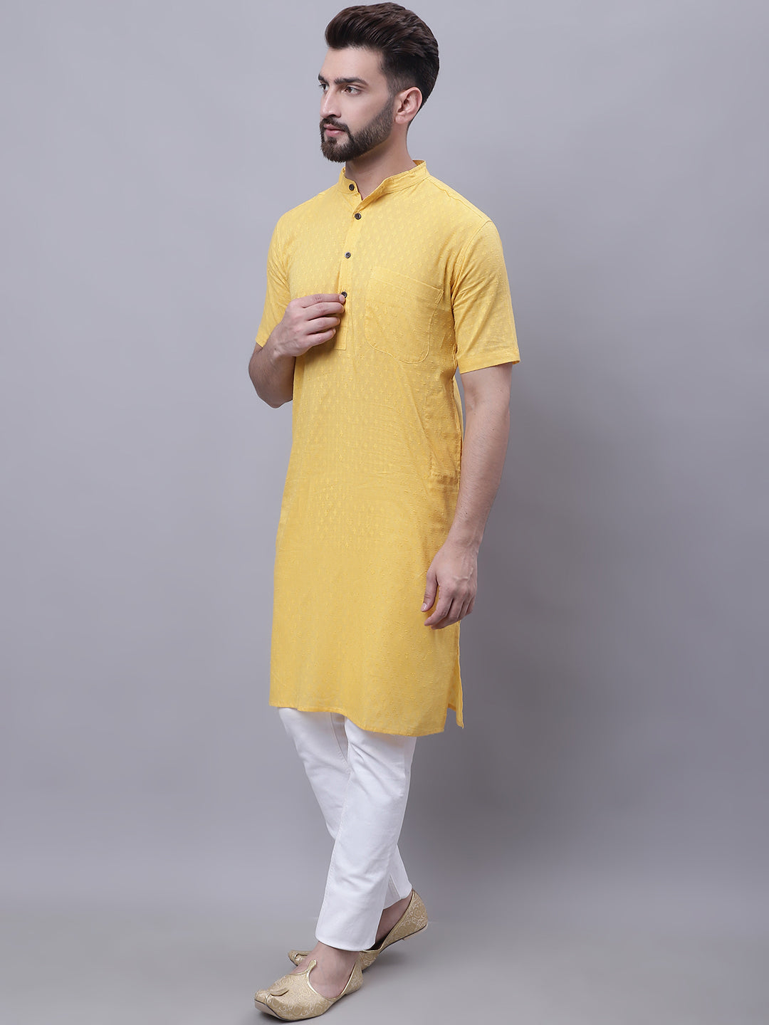 Even Apparels Yellow Pure Cotton Short Sleeves Kurta With Band Collar - Distacart