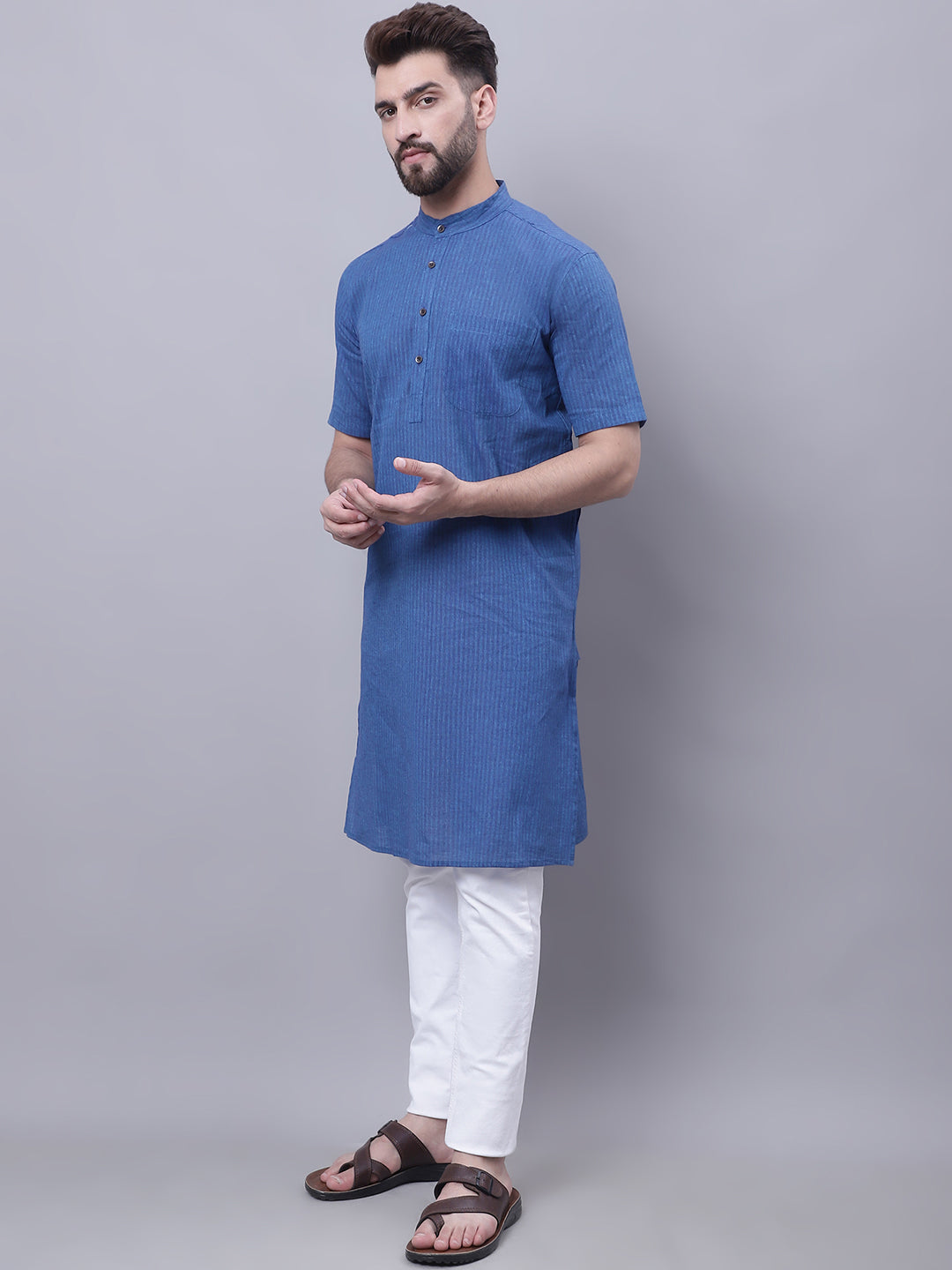 Even Apparels Blue Pure Cotton Short Sleeves Kurta With Band Collar - Distacart
