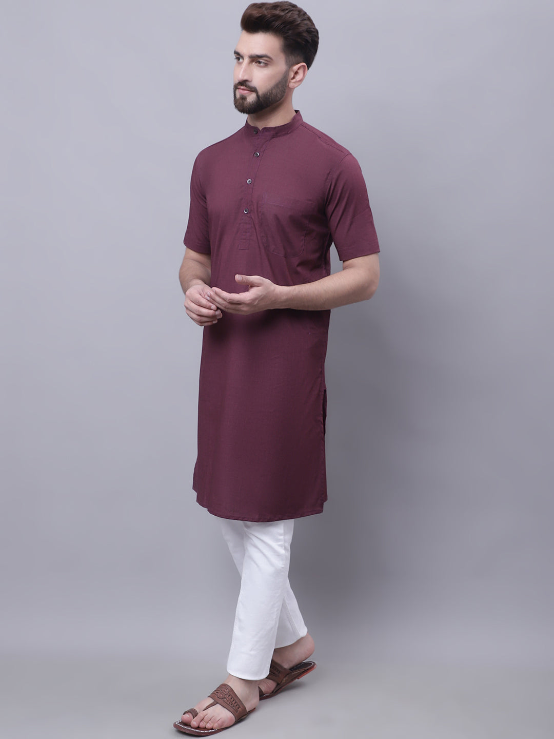 Even Apparels Wine Pure Cotton Short Sleeves Kurta With Band Collar - Distacart