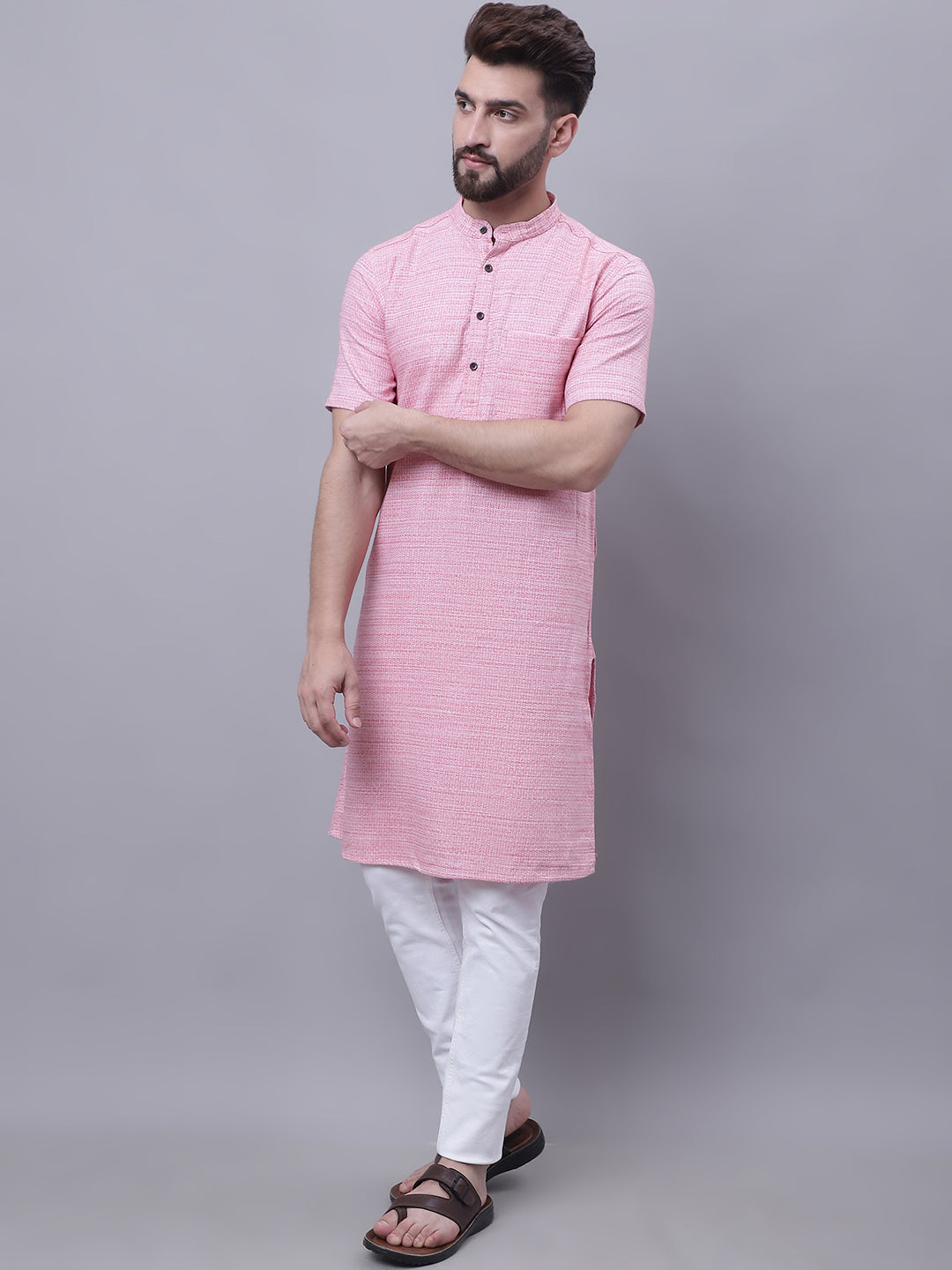 Even Apparels Pink Pure Cotton Short Sleeves Kurta With Band Collar - Distacart