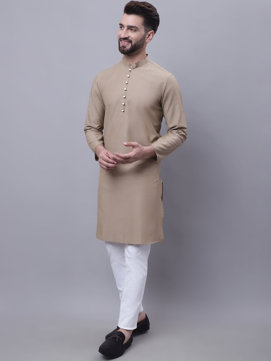 Even Apparels Beige Pure Cotton Kurta With Band Collar - Distacart