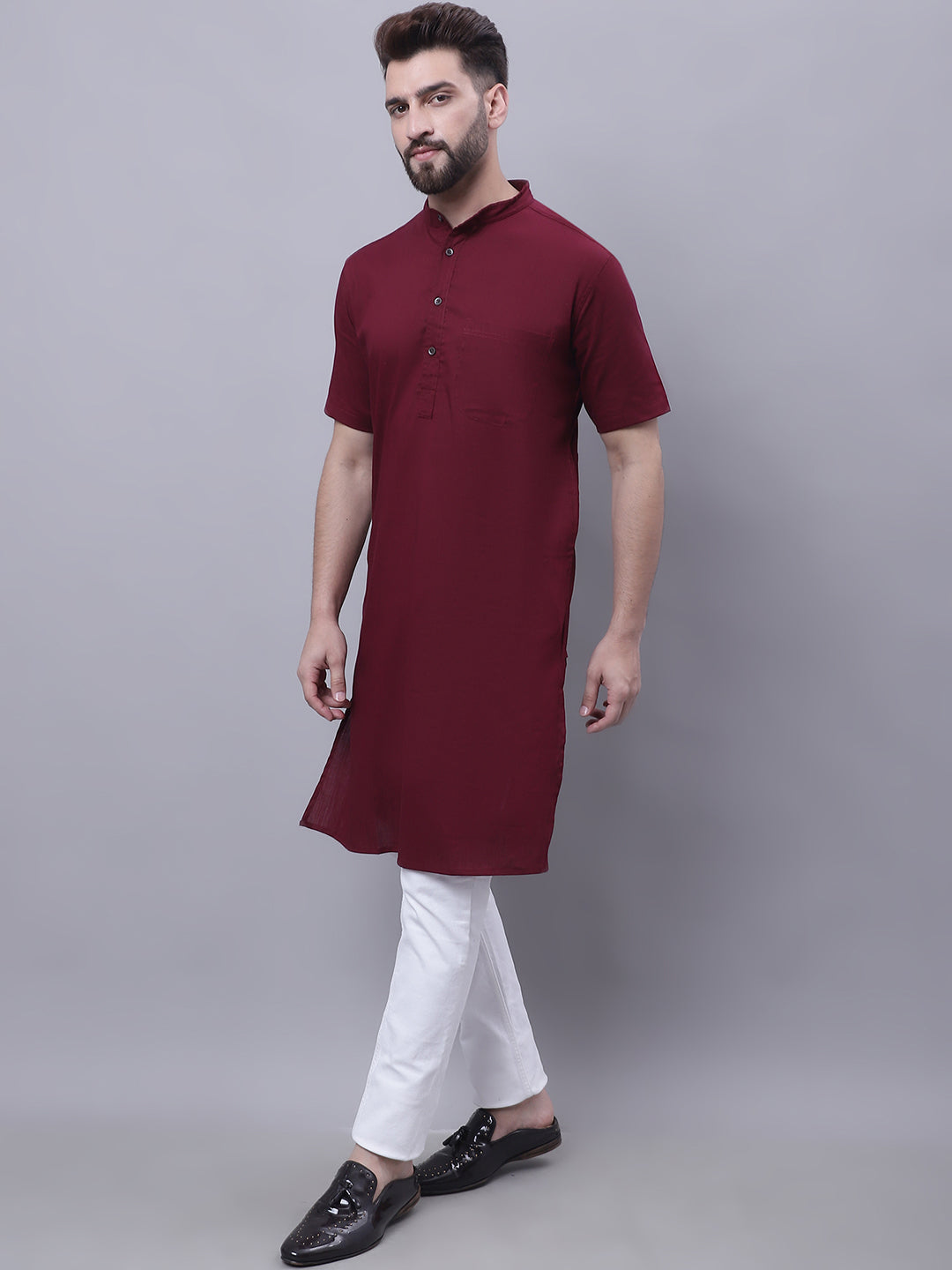 Even Apparels Red Pure Cotton Short Sleeves Kurta With Band Collar - Distacart