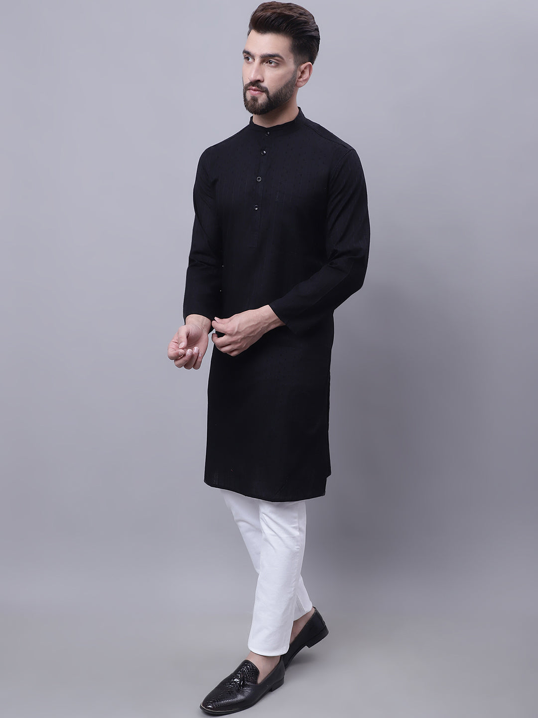 Even Apparels Black Pure Cotton Kurta With Band Collar - Distacart