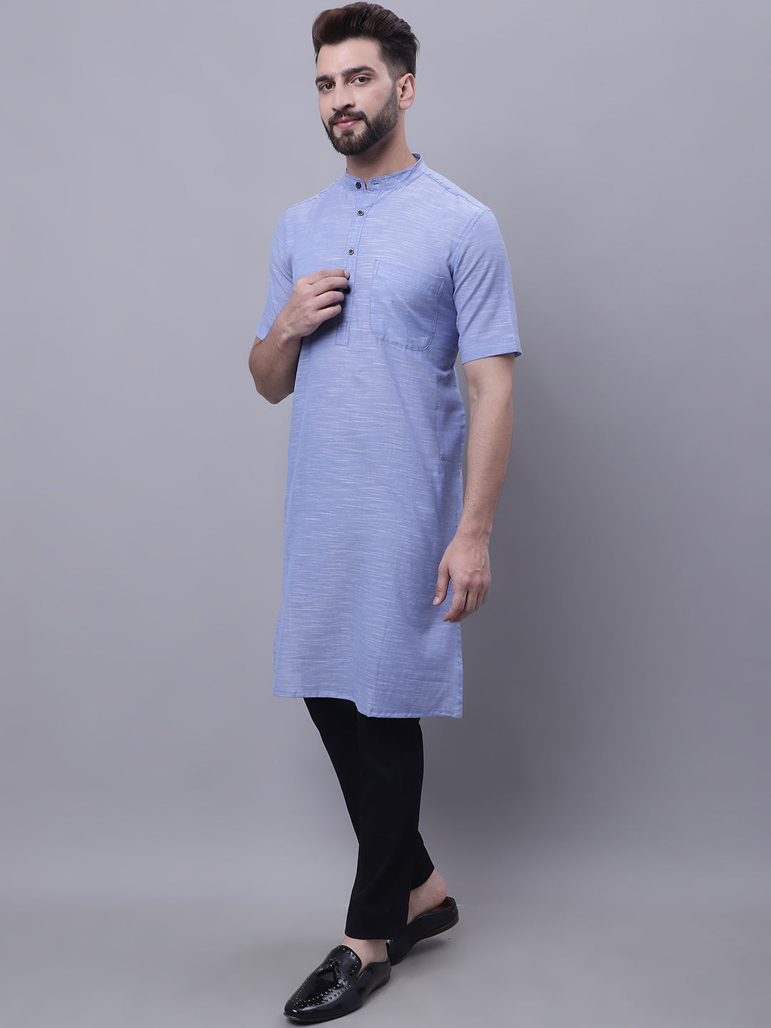 Even Apparels Blue Pure Cotton Short Sleeves Kurta With Band Collar - Distacart