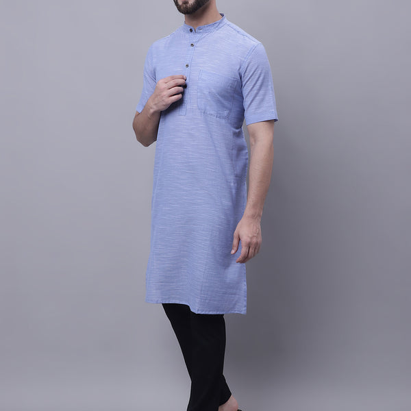 Even Apparels Blue Pure Cotton Short Sleeves Kurta With Band Collar - Distacart
