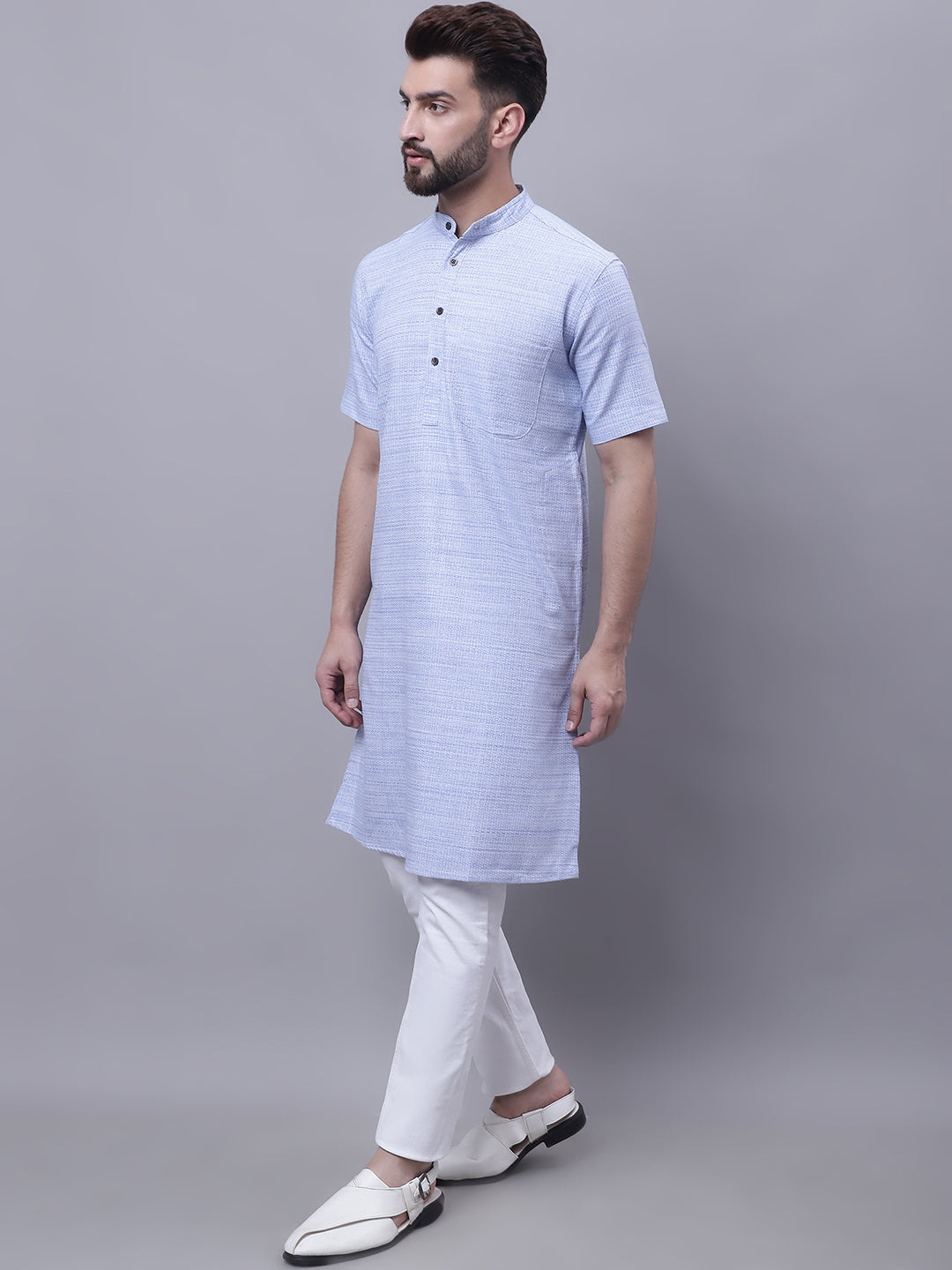 Even Apparels Blue Pure Cotton Short Sleeves Kurta With Band Collar - Distacart