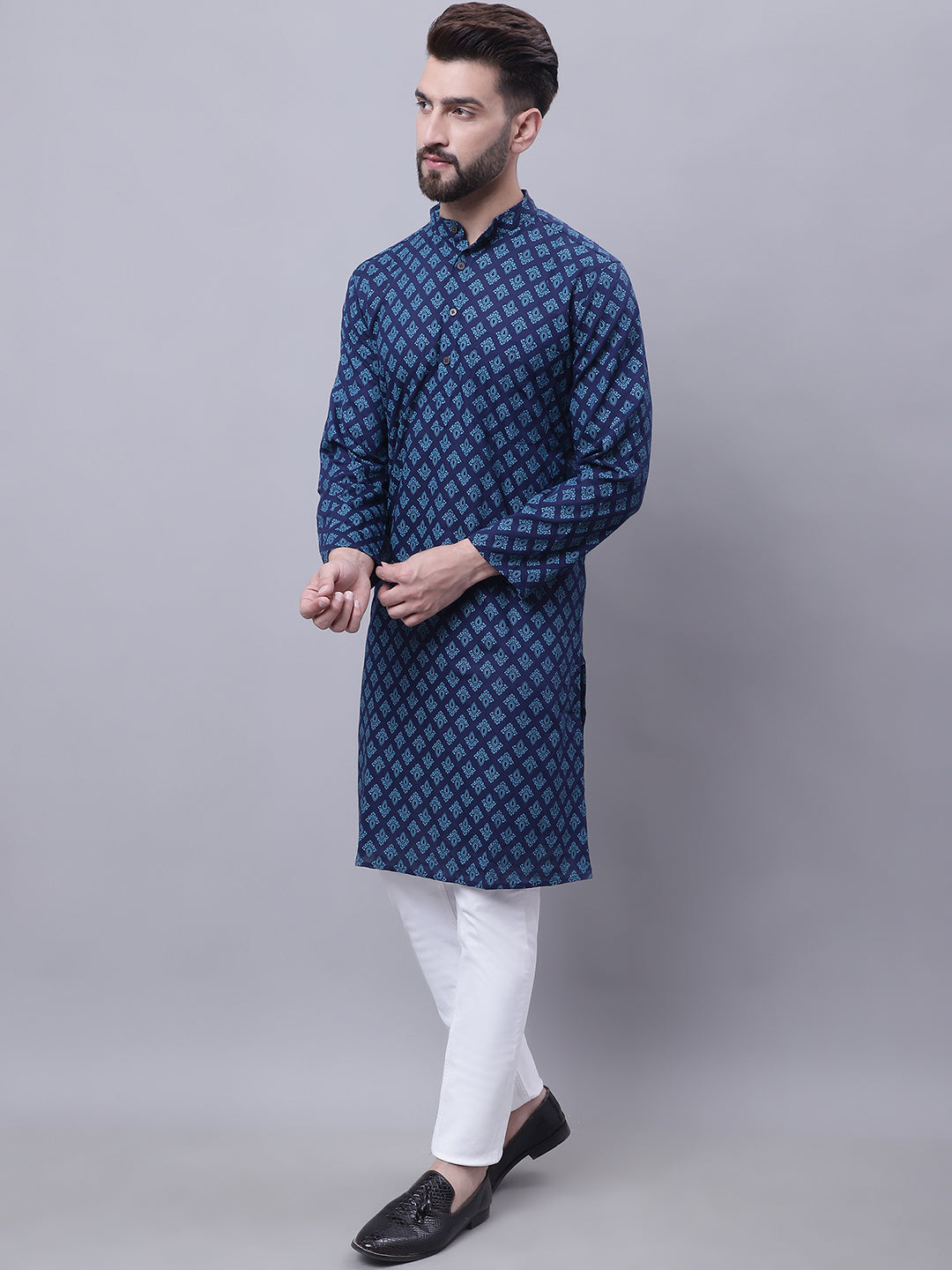 Even Apparels Blue Pure Cotton Kurta With Band Collar - Distacart