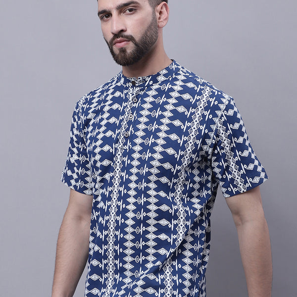 Even Apparels Blue Pure Cotton Short Kurta With Band Collar - Distacart