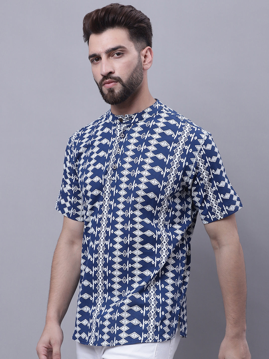Even Apparels Blue Pure Cotton Short Kurta With Band Collar - Distacart