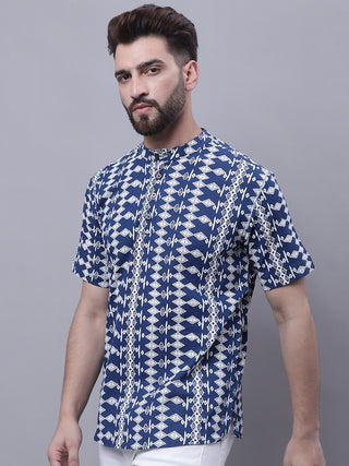 Even Apparels Blue Pure Cotton Short Kurta With Band Collar - Distacart