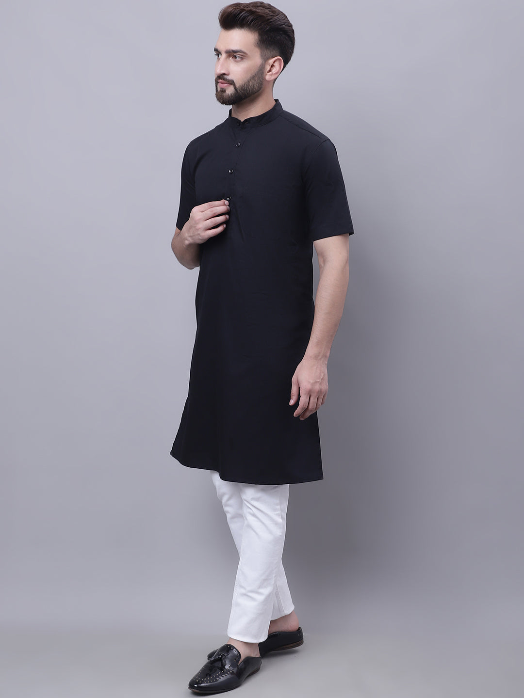 Even Apparels Black Pure Cotton Short Sleeves Kurta With Band Collar - Distacart
