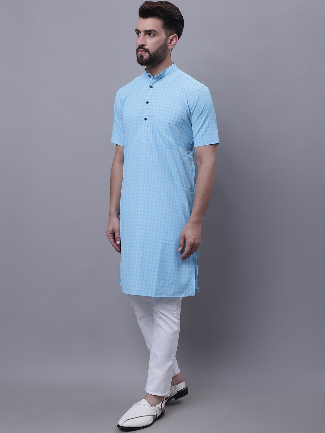 Even Apparels Blue Pure Cotton Short Sleeves Kurta With Band Collar - Distacart