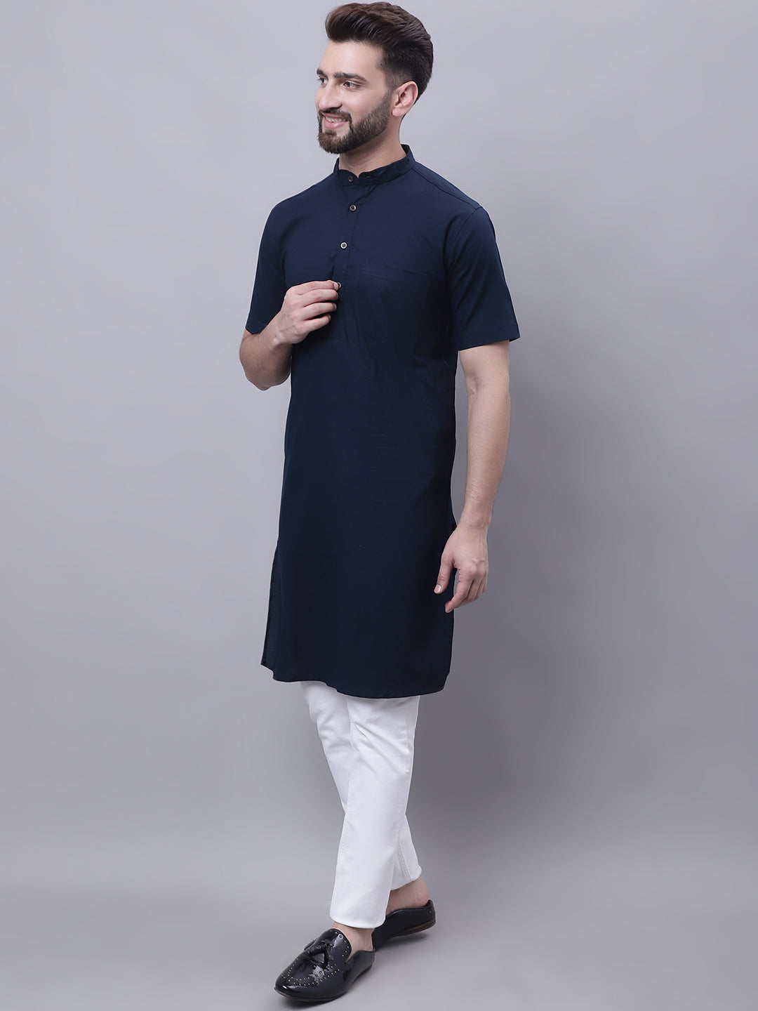Even Apparels Blue Pure Cotton Short Sleeves Kurta With Band Collar - Distacart