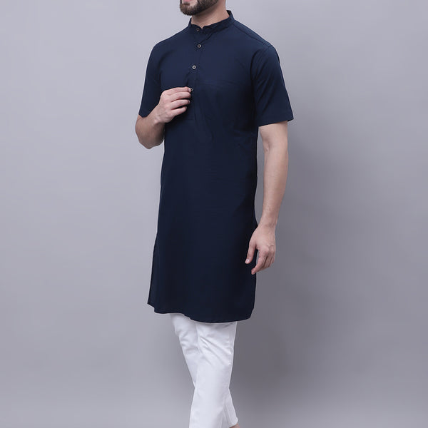 Even Apparels Blue Pure Cotton Short Sleeves Kurta With Band Collar - Distacart