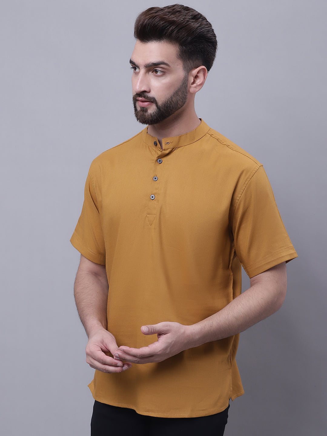 Even Apparels Brown Pure Cotton Short Kurta With Band Collar - Distacart