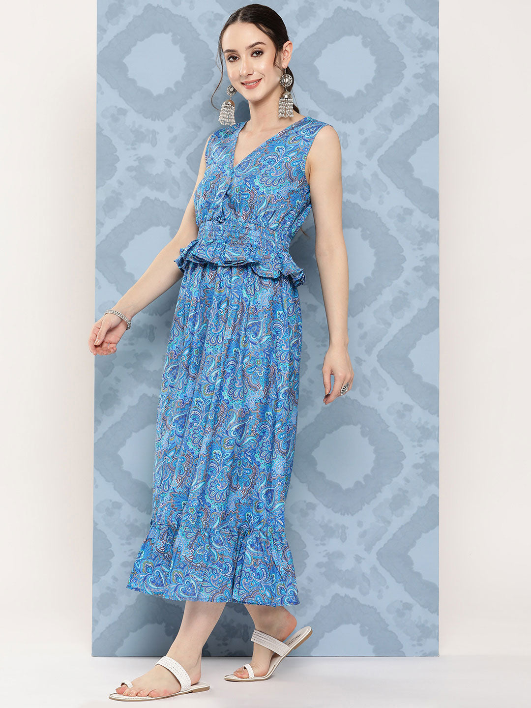 InWeave Women's Sapphire Blue Floral Paisley Print Long Frill Dress - Distacart