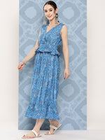 Thumbnail for InWeave Women's Sapphire Blue Floral Paisley Print Long Frill Dress - Distacart