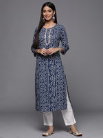 Thumbnail for Varanga Blue Bandhani Print Embroidered Kurta Has Round Neck - Distacart