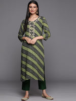Thumbnail for Varanga Green And Black Bandhani Printed Kurta With Embroidered Yoke - Distacart