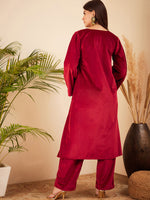 Thumbnail for InWeave Women's Barn Red V Neck Asymmetrical Pleated Velvet Kurta Set - Distacart