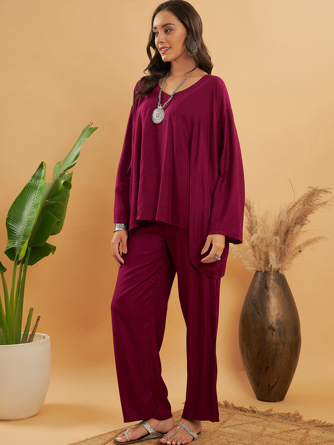 InWeave Women's Jam Wine Solid Boho Full Sleeve Coord Set - Distacart