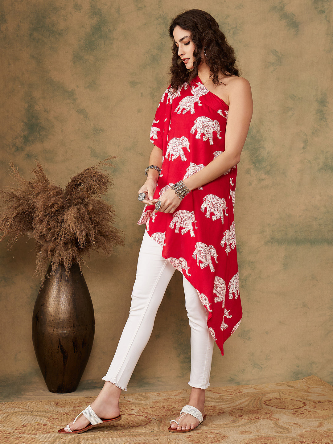 InWeave Women's Red Elephant Print Oneshoulder Top - Distacart