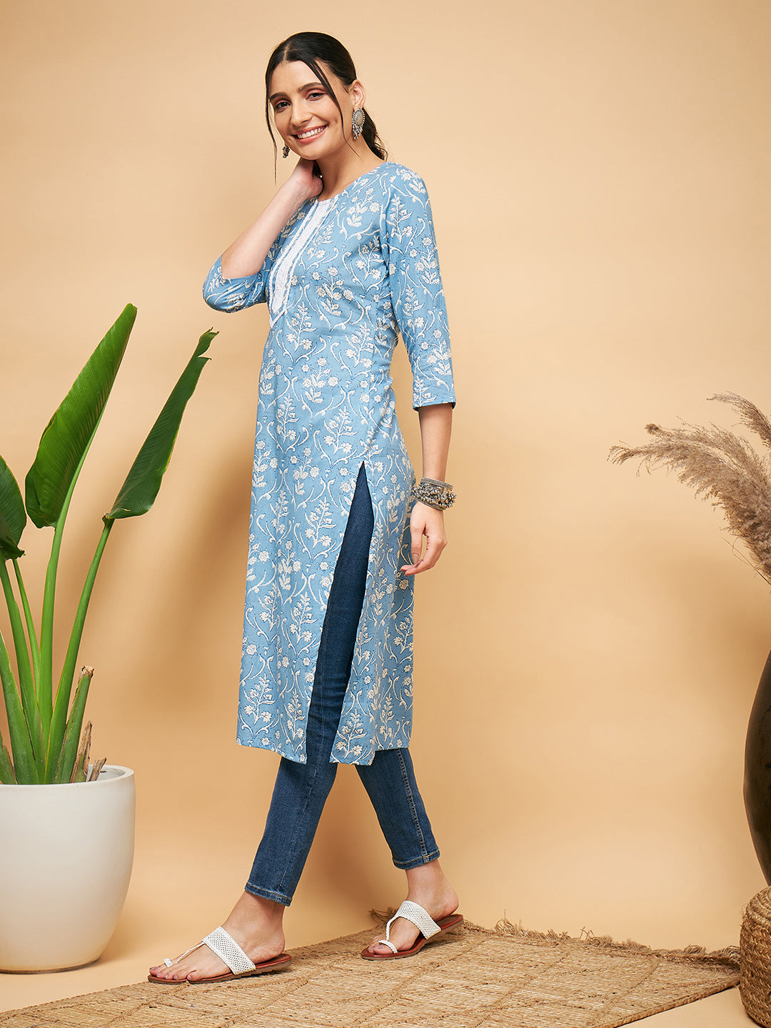 InWeave Women's Powder Blue White Print Lace Straight Kurta - Distacart