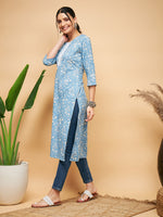 Thumbnail for InWeave Women's Powder Blue White Print Lace Straight Kurta - Distacart