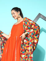 Thumbnail for InWeave Women's Orange Red Gota Strappy Set With Multi Foil Muslin Dupatta - Distacart