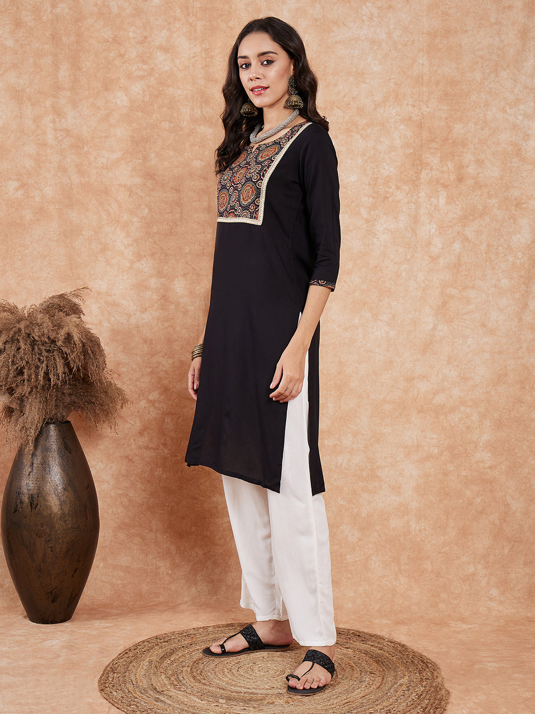 InWeave Women's Black Printed Neck Patch Work Straight Kurta - Distacart