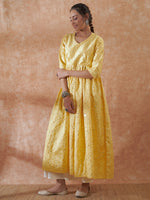 Thumbnail for InWeave Women's Light Yellow Mirror Work Long Anarkali Kurta - Distacart