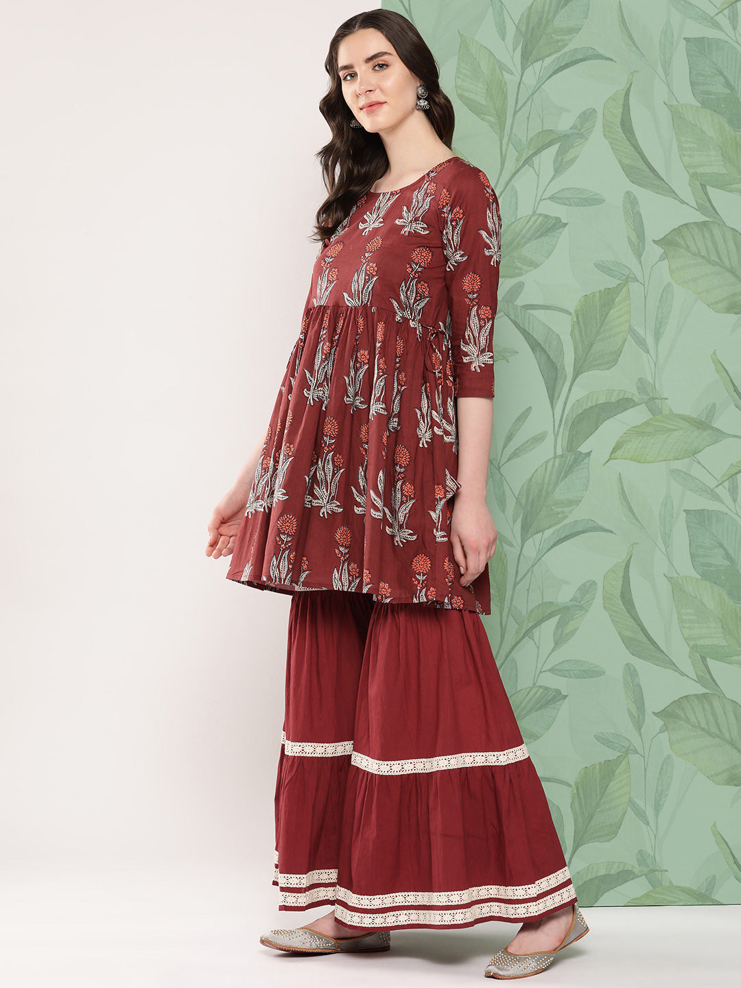 InWeave Women's Brick Rust Boota Sharara Set With Dupatta - Distacart