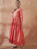 Thumbnail for InWeave Women's Peach Mirror Work Long Anarkali Kurta - Distacart