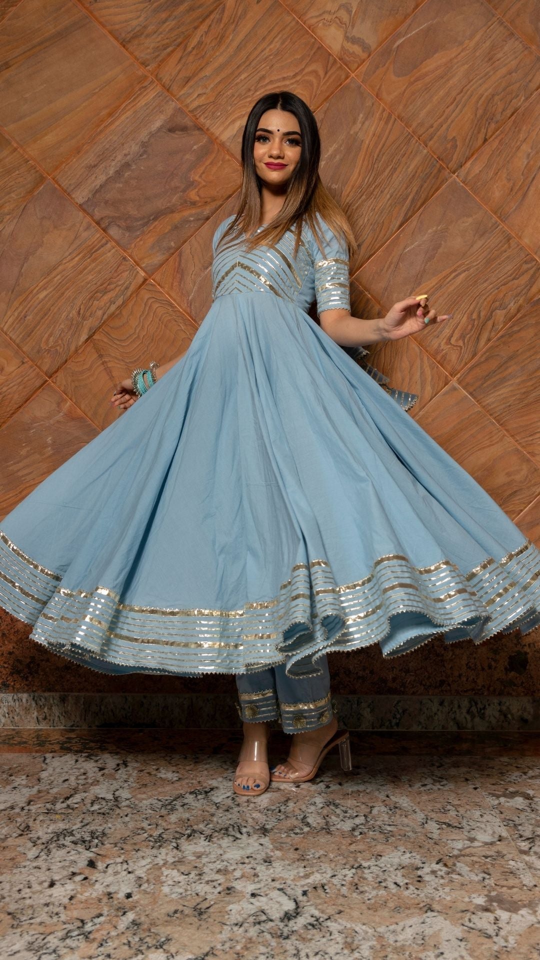Pomcha Jaipur Powder Blue Pure Cotton Anarkali Set - Distacart