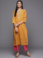 Thumbnail for Varanga Mustard Floral Printed Kurta With Embroidered Neckline - Distacart