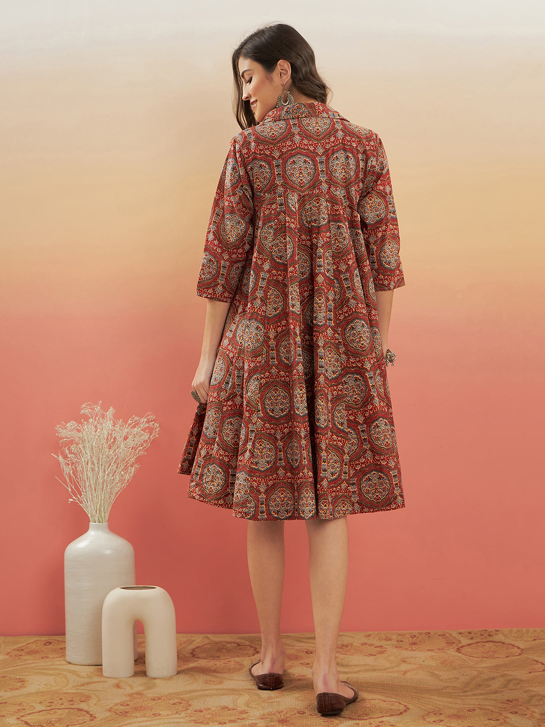 InWeave Women's Maroon Mughal Kalamkari Flared Dress - Distacart
