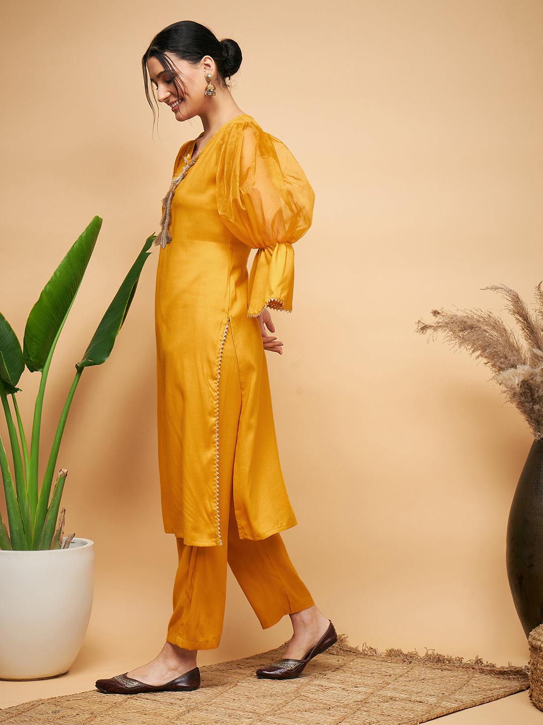 InWeave Women's Mustard Organza Sleeve Kurta Set - Distacart