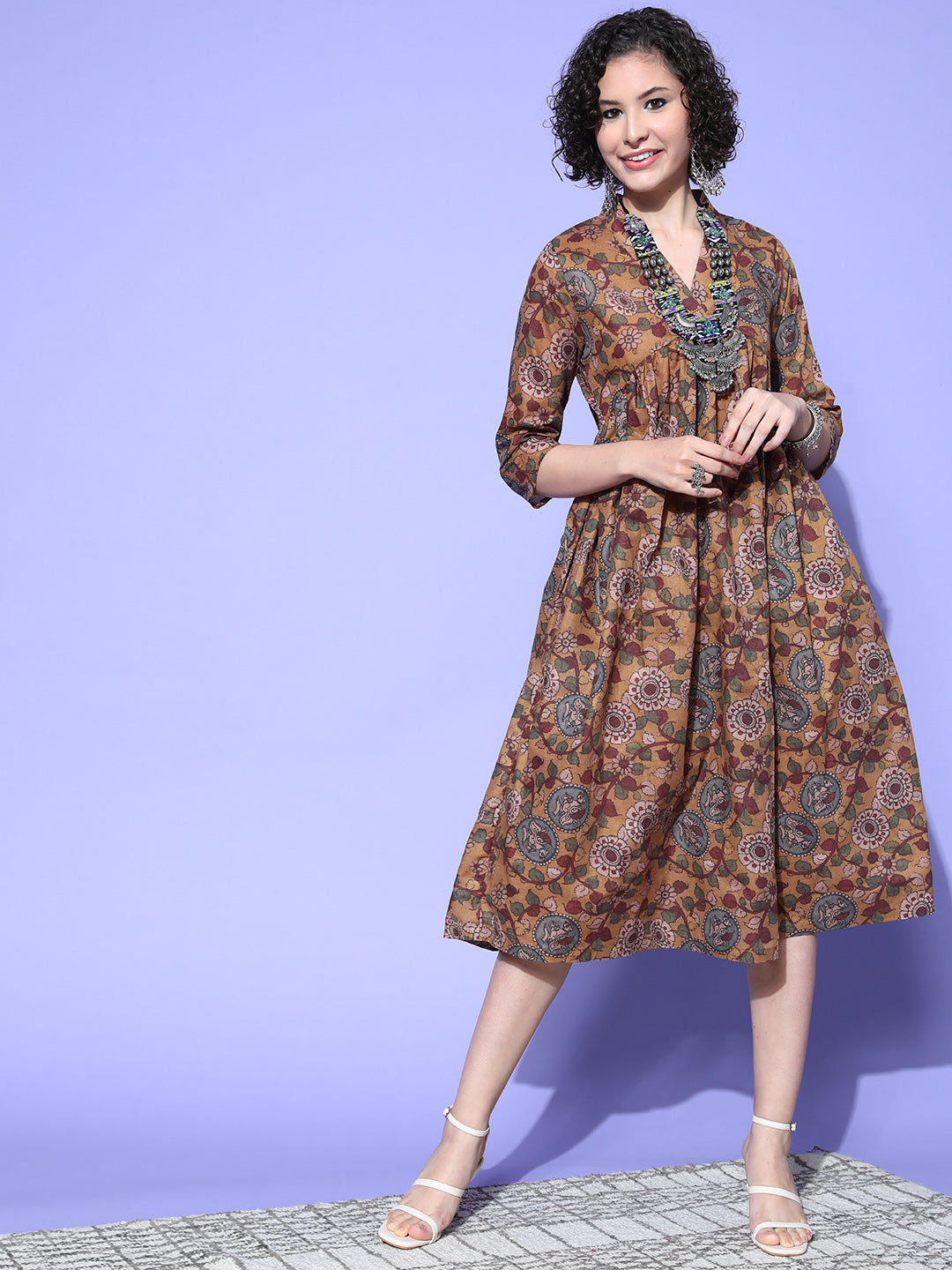 InWeave Women's Ochre Mustard Kalamkari Print Dress - Distacart