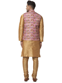 Thumbnail for Kalyum Men's Silk Blend Copper Kurta With Pyjama & Pink Printed Nehru Jacket - Distacart