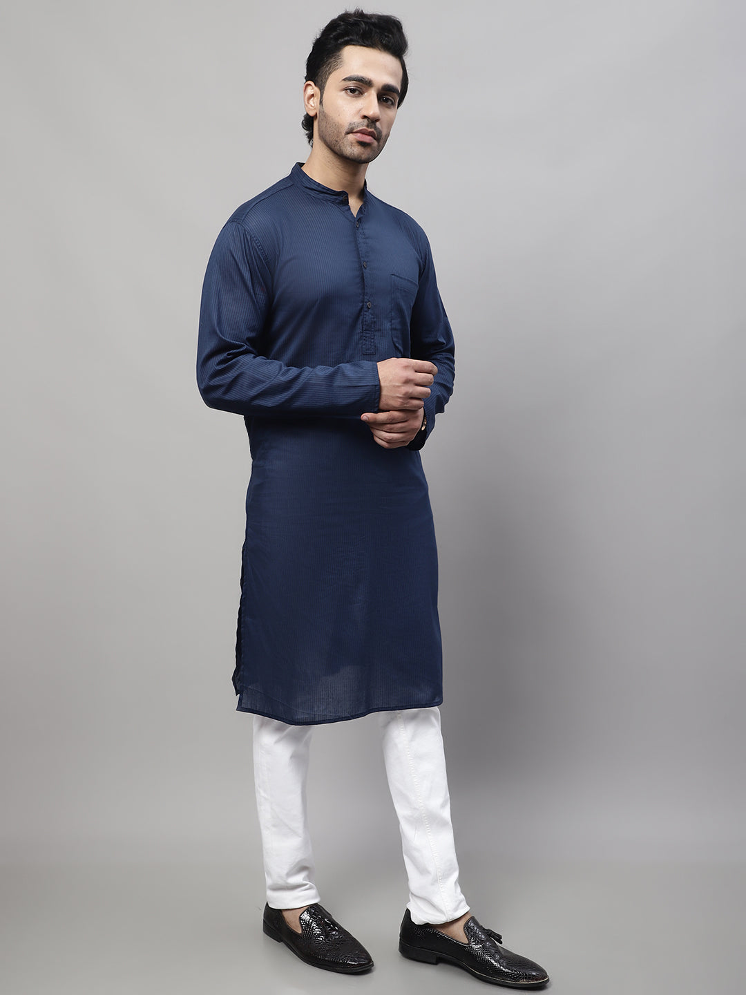 Even Apparels Blue Pure Cotton Kurta With Band Collar - Distacart