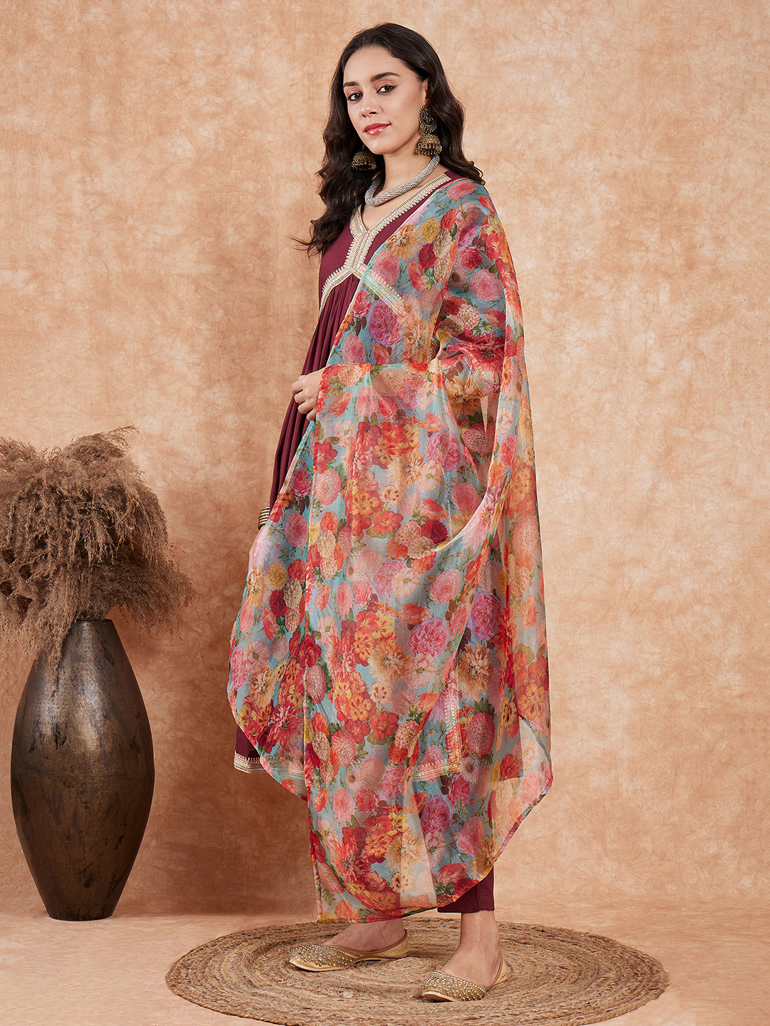 InWeave Women's Dark Burgundy Alia Neck Style Gota Set W Organza Dupatta - Distacart