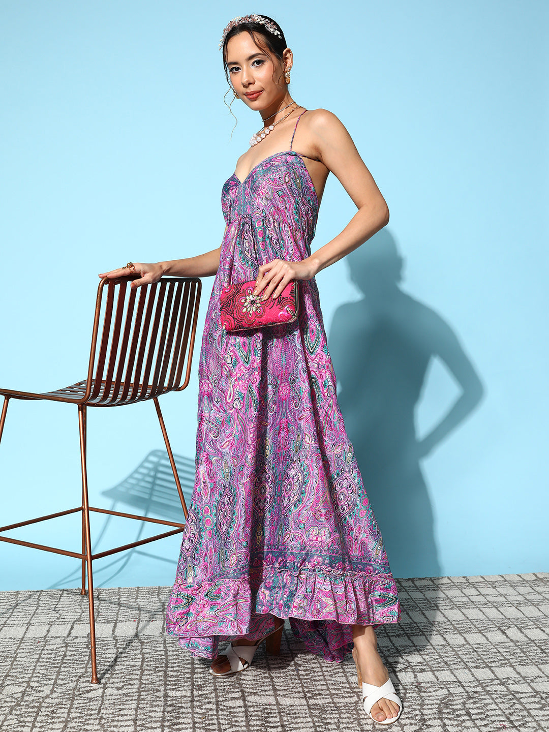 InWeave Women's Pink Paisley Print Back Detail Long Dress - Distacart