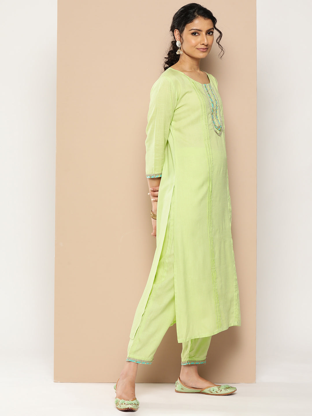 KSUT (House of Varanga) Green Kurta With Lace Embellishment Paired With Straight Pant And Dupatta - Distacart