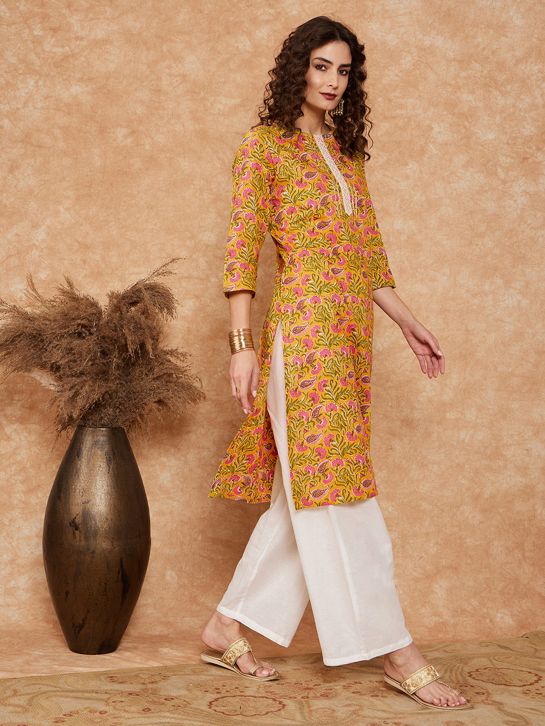 InWeave Women's Mustard Green Lace Gota Work Straight Kurta - Distacart