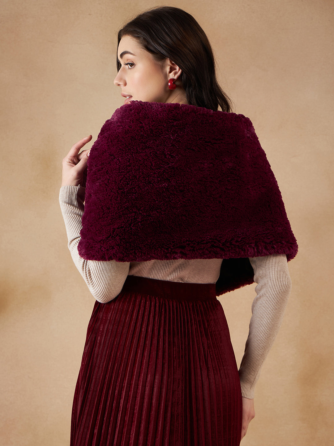 InWeave Women's Burgundy Long Faux Fur Cape - Distacart