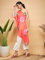 Thumbnail for InWeave Women's Dark Orange Pink Blue Flower One Shoulder Kurta - Distacart