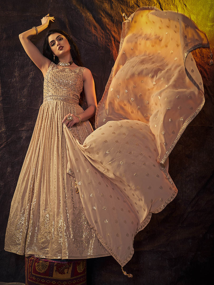 Myra Peach Real Georgette Designer Gown Style Suit - Distacart